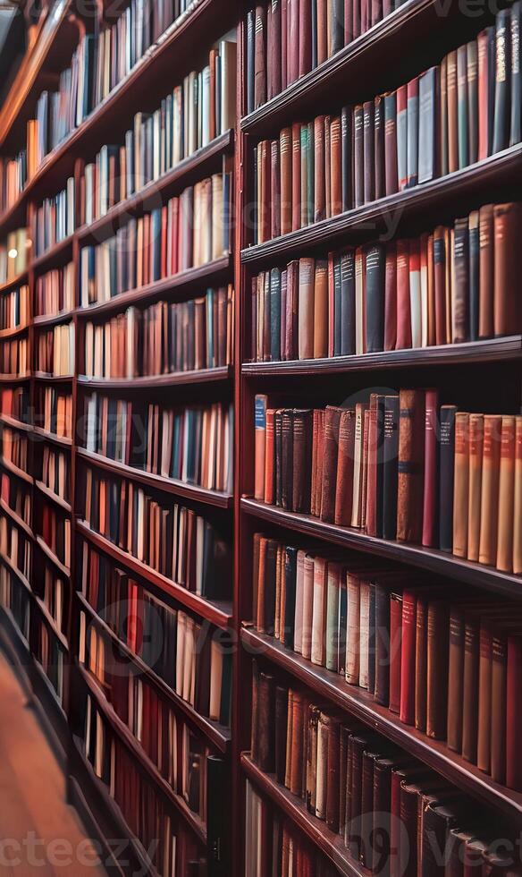 Expansive book collection displayed on floor to ceiling wooden shelves in library ambiance photo