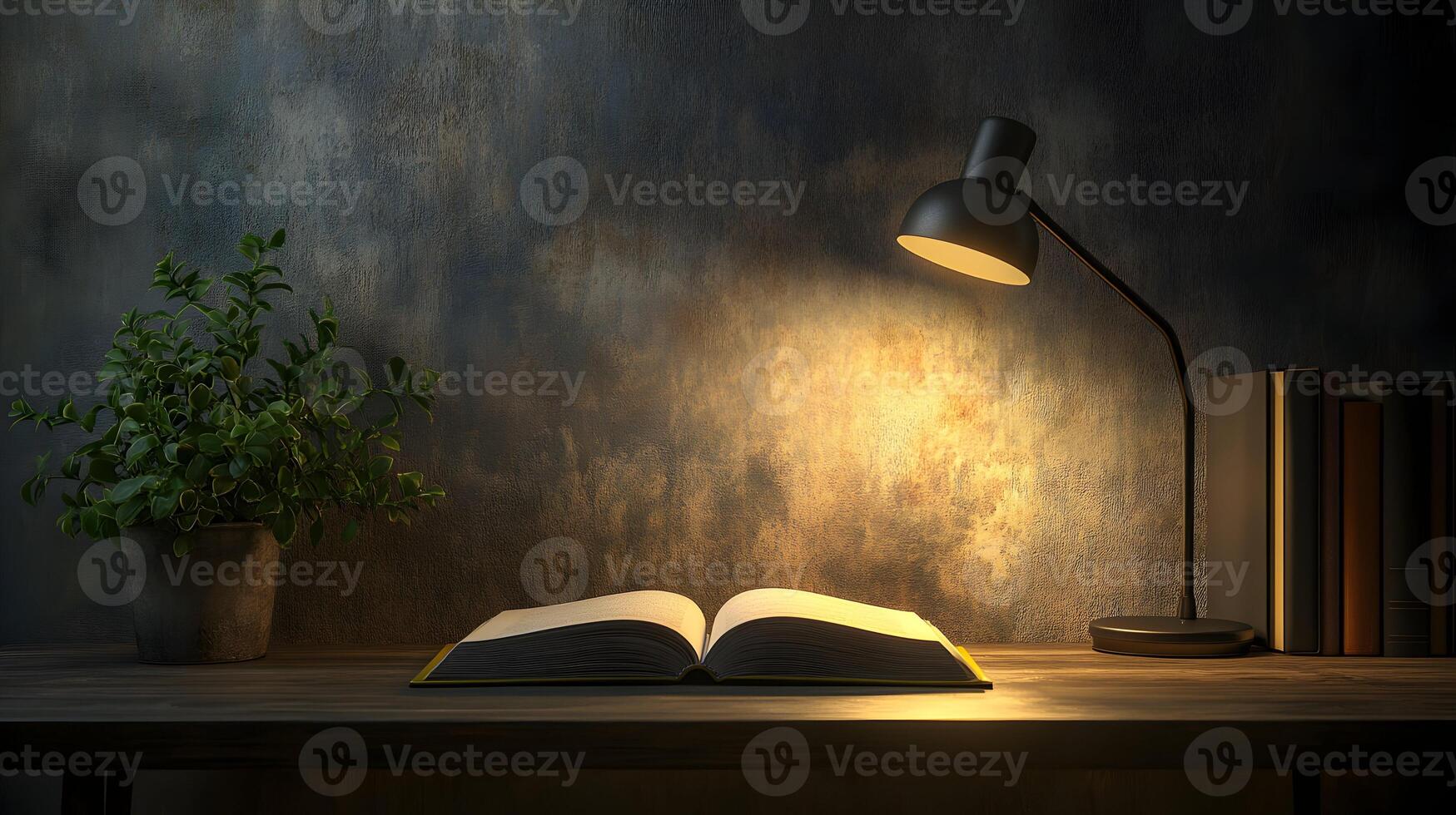 Contemplative reading atmosphere, showcasing a book illuminated by a desk lamp, fostering ambiance photo