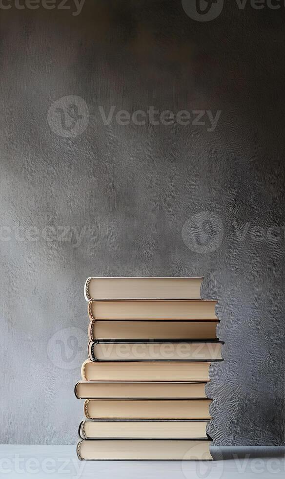 An arranged stack of books in an aesthetic composition against a solid gray backdrop photo