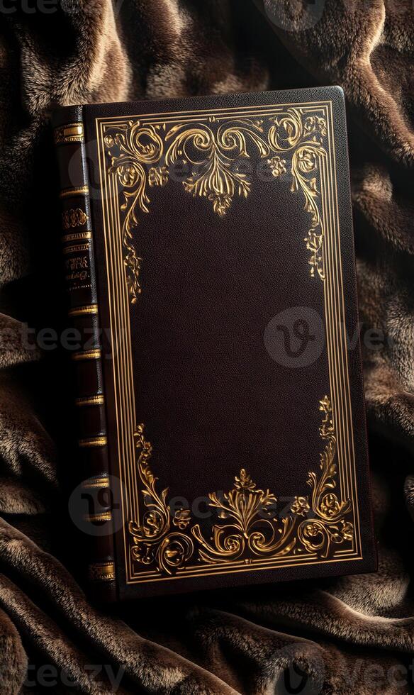 A Luxurious Ornate Leather Bound Book Resting on Plush Faux Fur for Warm and Elegant Visuals photo