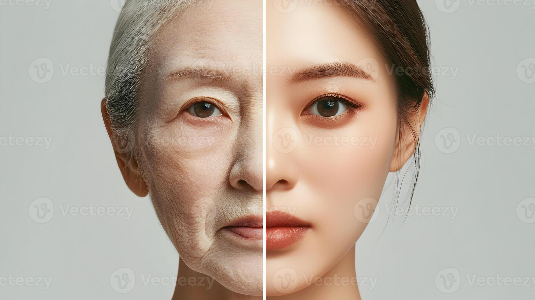 Juxtaposition of Aging and Youth Representation on a Single Face concept, life stages photo