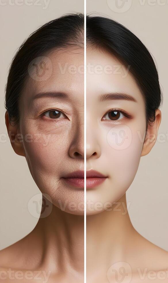 Visual comparison highlighting the contrast between youthful and mature skin textures photo