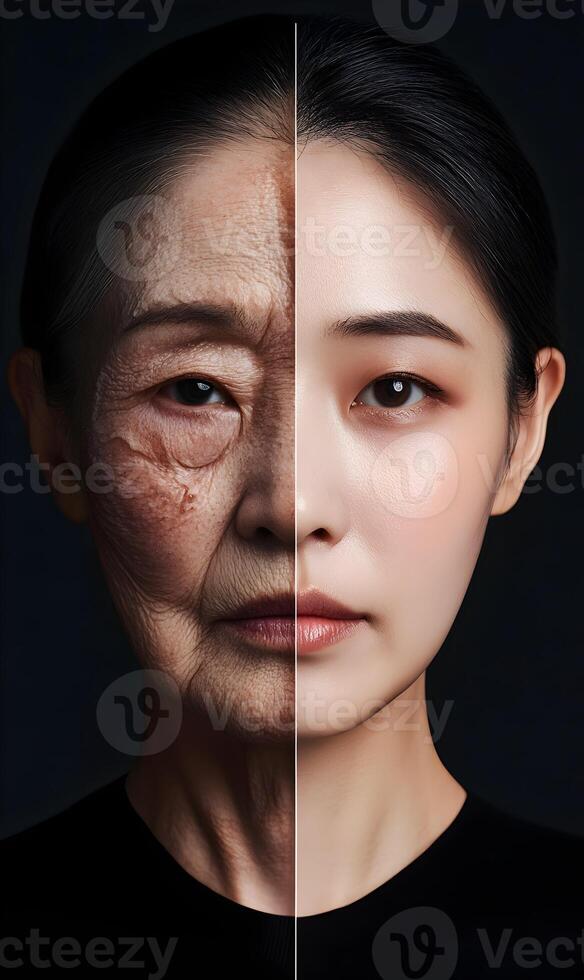 Concept of age and beauty portrayed through the juxtaposition of aging skin and youthful skin photo