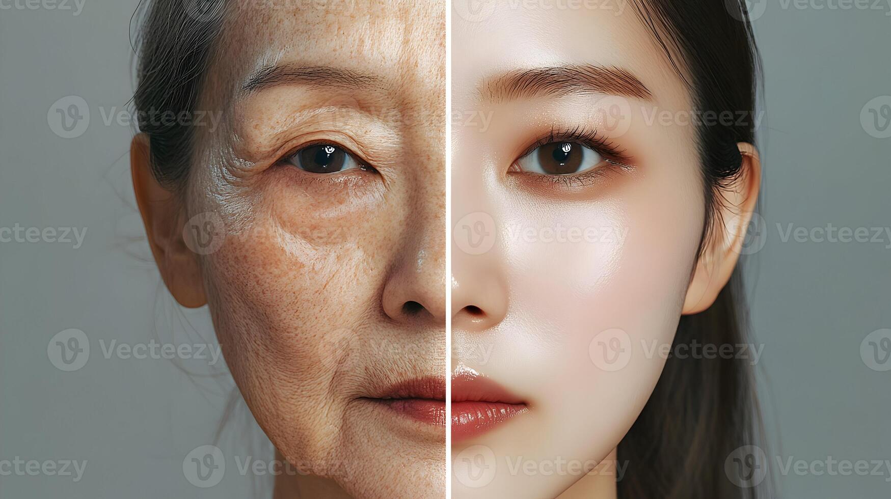 Rejuvenation and aging concept, half face showing before and after skin treatment effect photo
