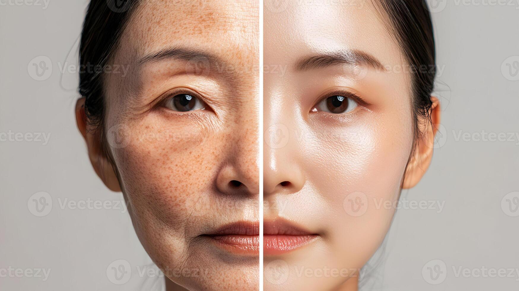 Comparing the effects of aging with younger, youthful skin, Asian woman composite image photo