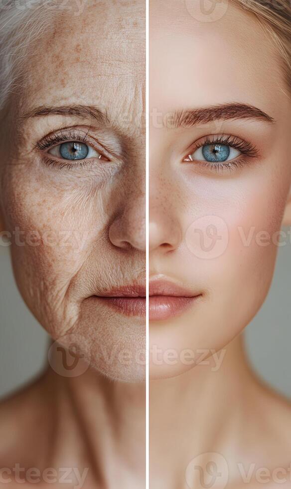 Transformation of age, juxtaposing aging and youthful facial features in a compelling visual photo