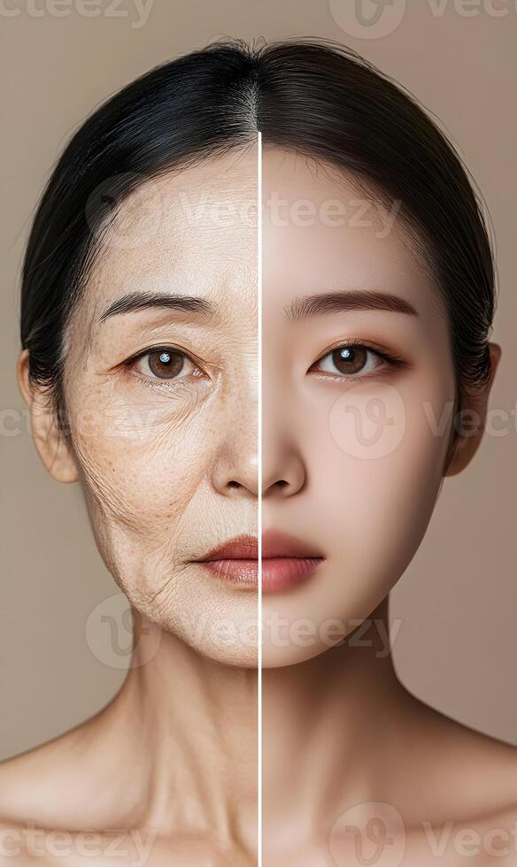 Aging transformation visual comparing half of a face with wrinkles to a younger, fresher complexion photo