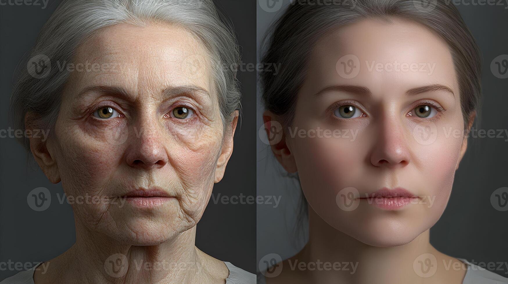 Representation of aging process on face, showing progression to younger face portrait photo