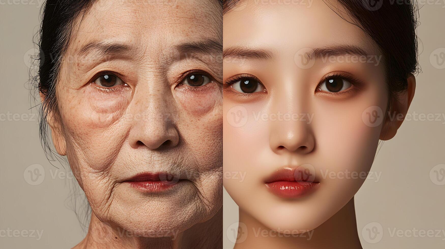 Juxtaposition of Youthful Radiance and Mature Depth Skin Portraying Time Passage photo