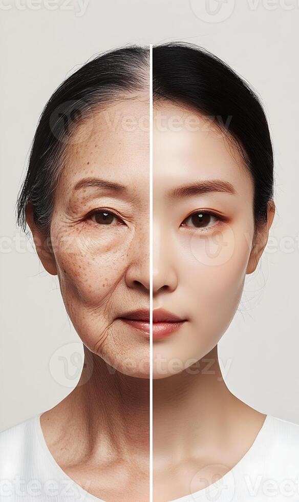 Halved portraits showing aging differences and skincare comparison for rejuvenation concept photo