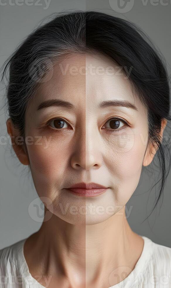 A portrait showcasing a woman's face with distinct aging variations and skincare efficacy photo