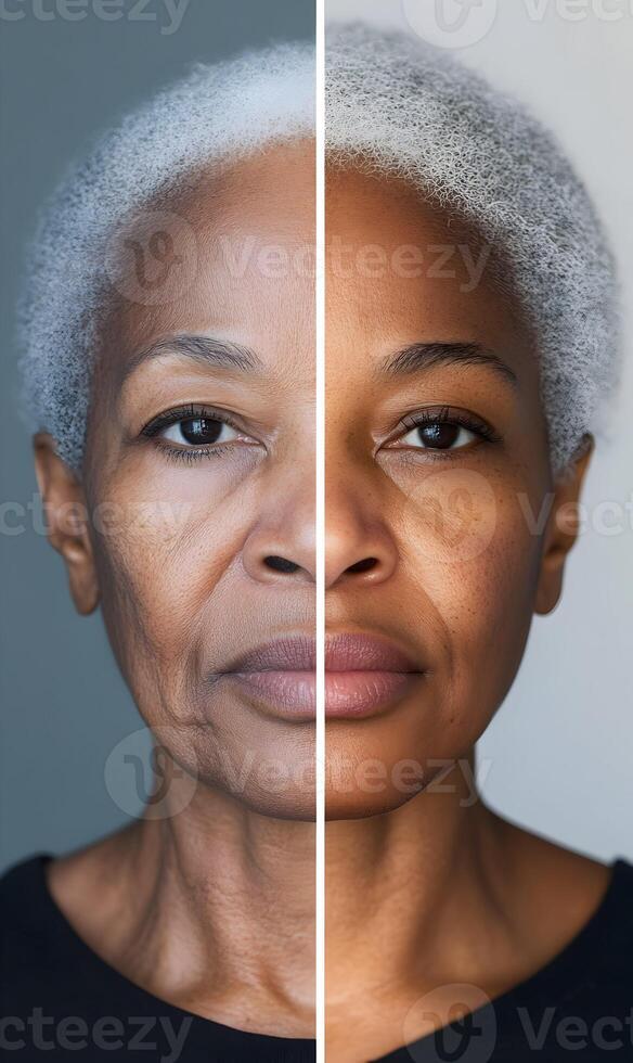 The dichotomy of aging portrait with a person showing different stages, face portrait photo
