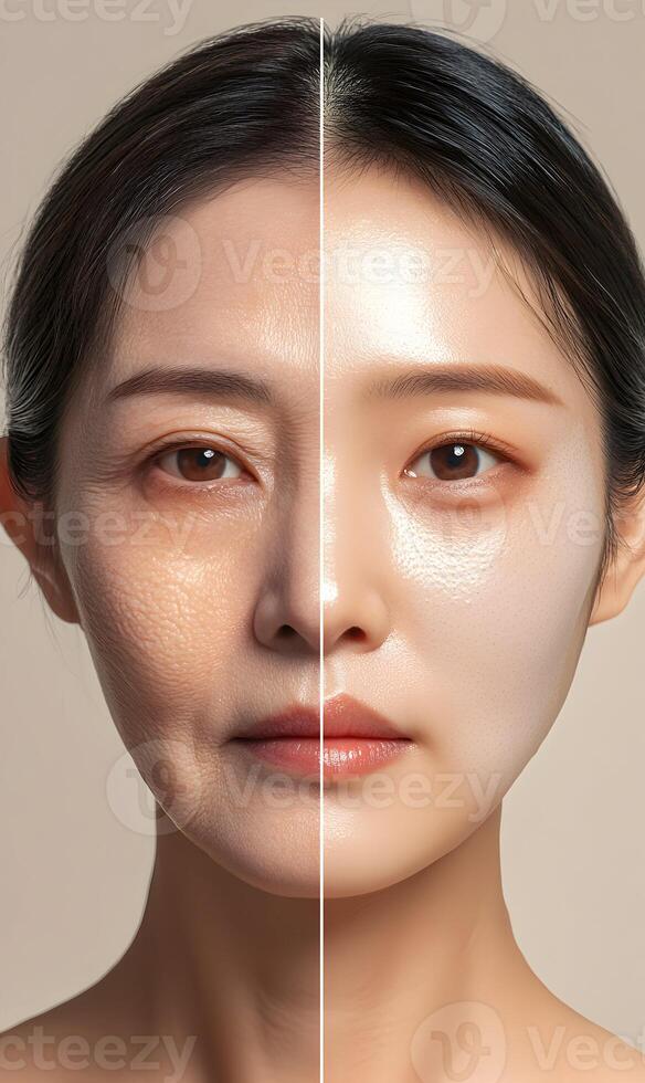 Comparative skin portrait, aging process and youthful look represented in a facial split view photo