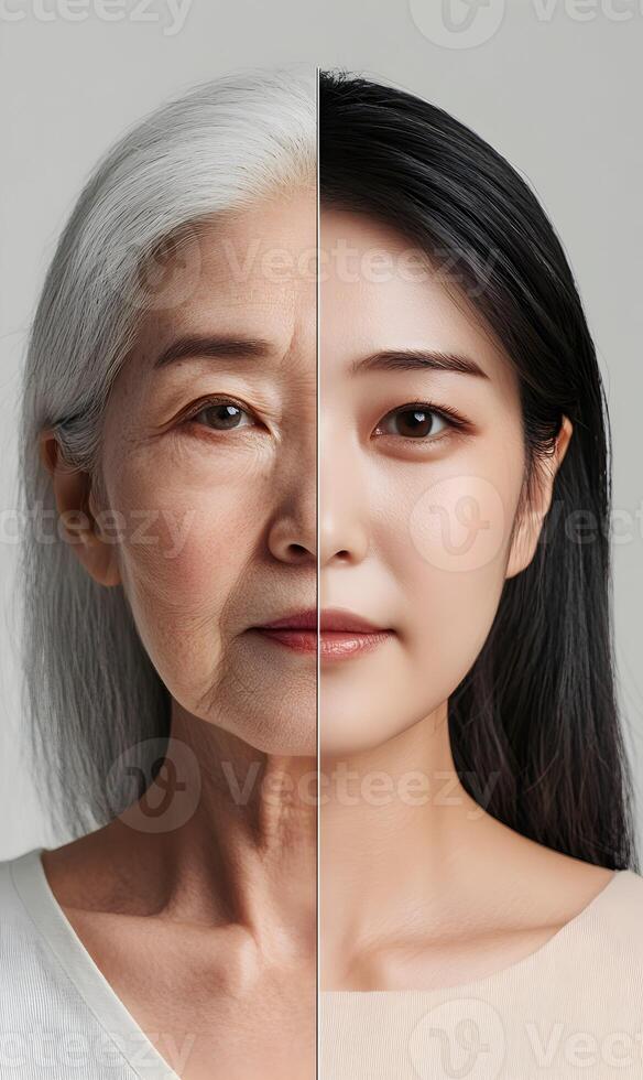 Depiction of aging progression, highlighting the contrasting features between youth and maturity photo