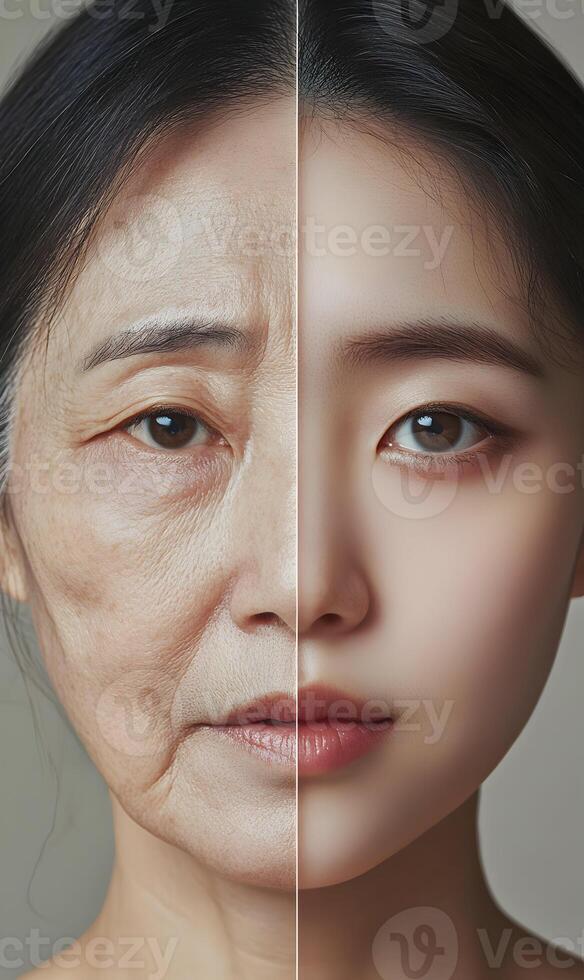 Juxtaposition of aging skin alongside youthful texture, a visual representation of transformation photo