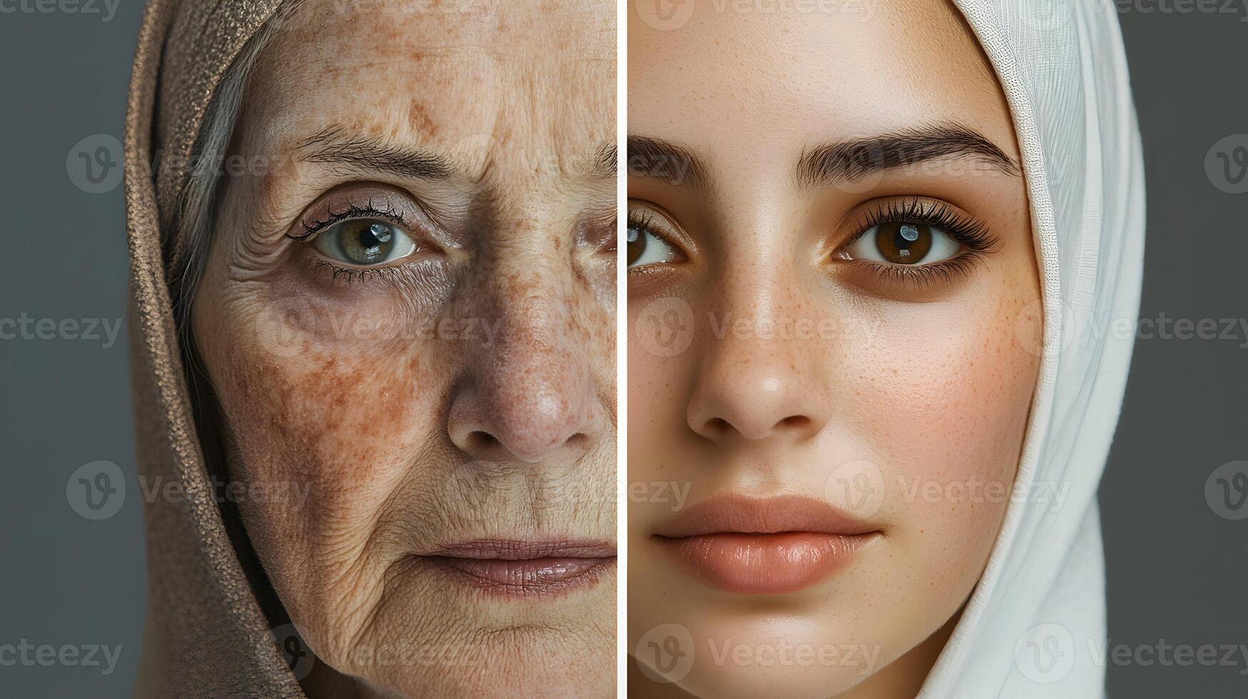 Comparative portraits showing the effects of aging on skin and contrast with youth appearance photo