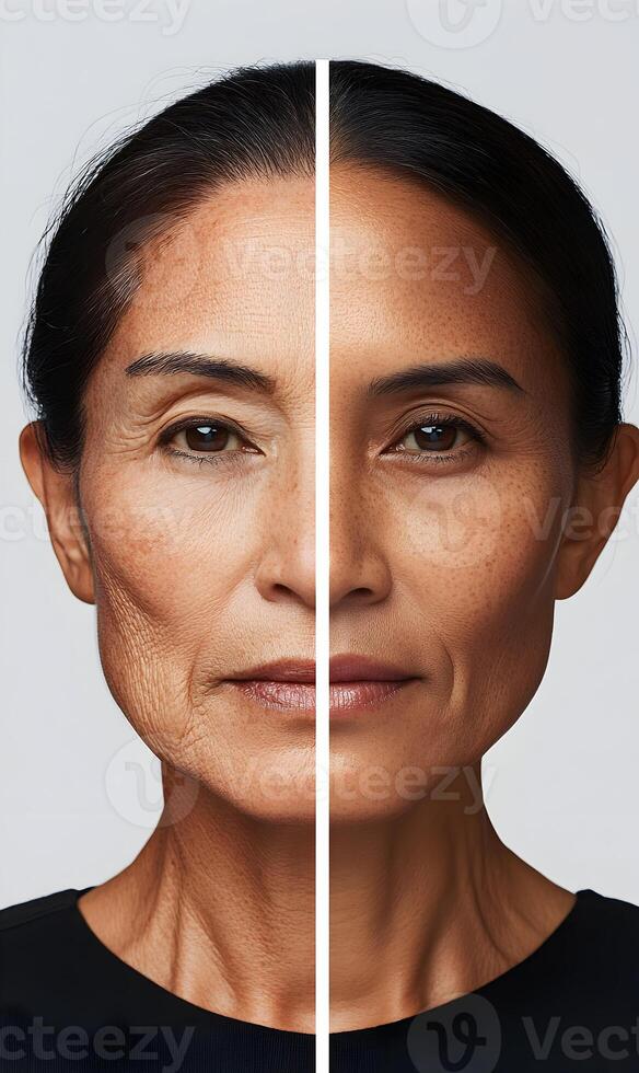 Exploring skin transformation journey, showing before and after rejuvenation treatment photo