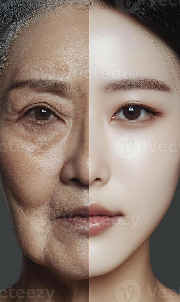 Juxtaposition showcasing the contrast between youthful skin and the effects of aging process photo