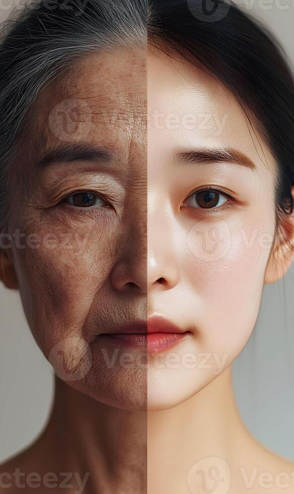 Transformation contrasting youth and aging showcasing the progression of skin over time photo