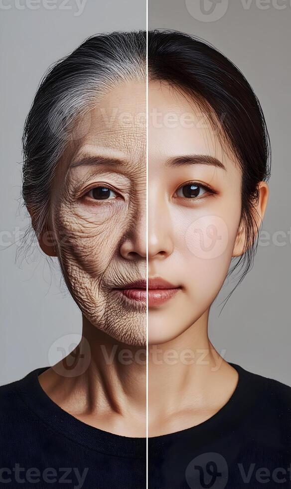 Juxtaposition of Youth and Aging Half-Face Portrait Depicting Contrasting Skin Texture photo