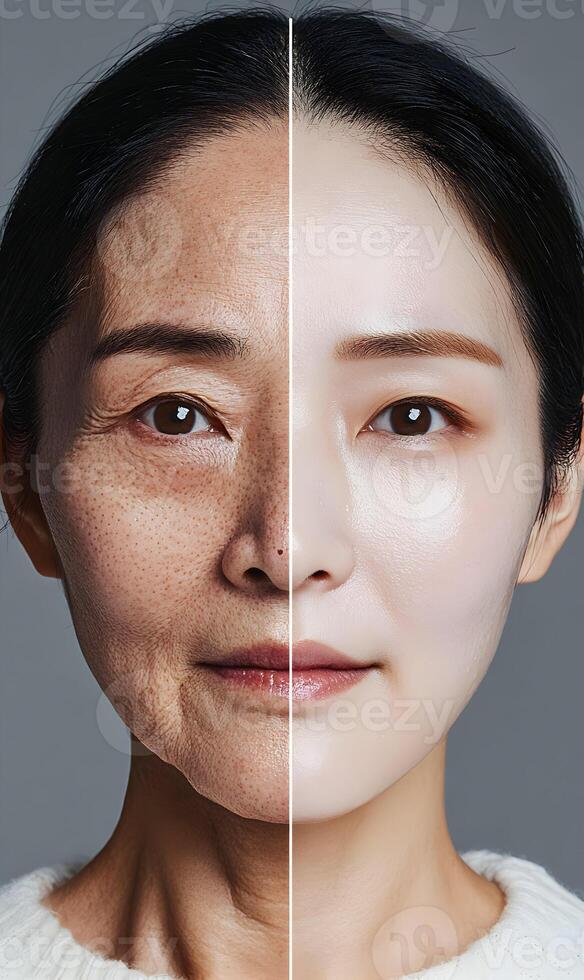 The contrast of aging skin a visual comparison showcasing beauty and time transition concept photo