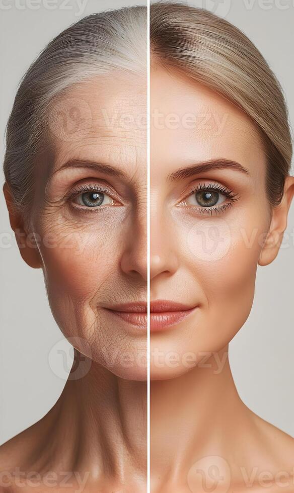 Comparison of facial aging and rejuvenation, showcasing skincare and age transformation photo