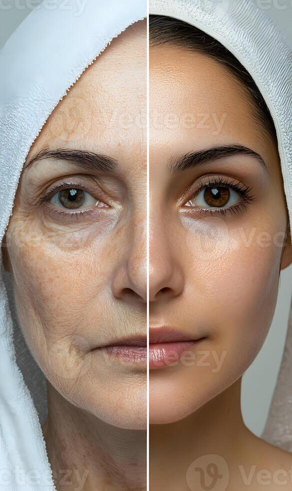 Before and after skincare rejuvenation transformation, anti aging face treatment effect comparison photo