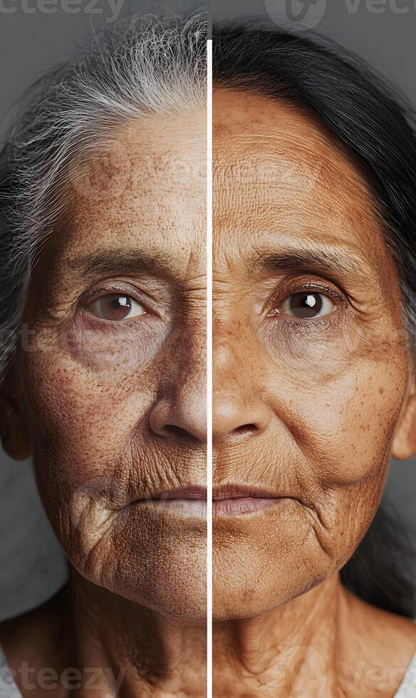 Conceptual image showcasing aging process and effects on an older woman's facial skin photo