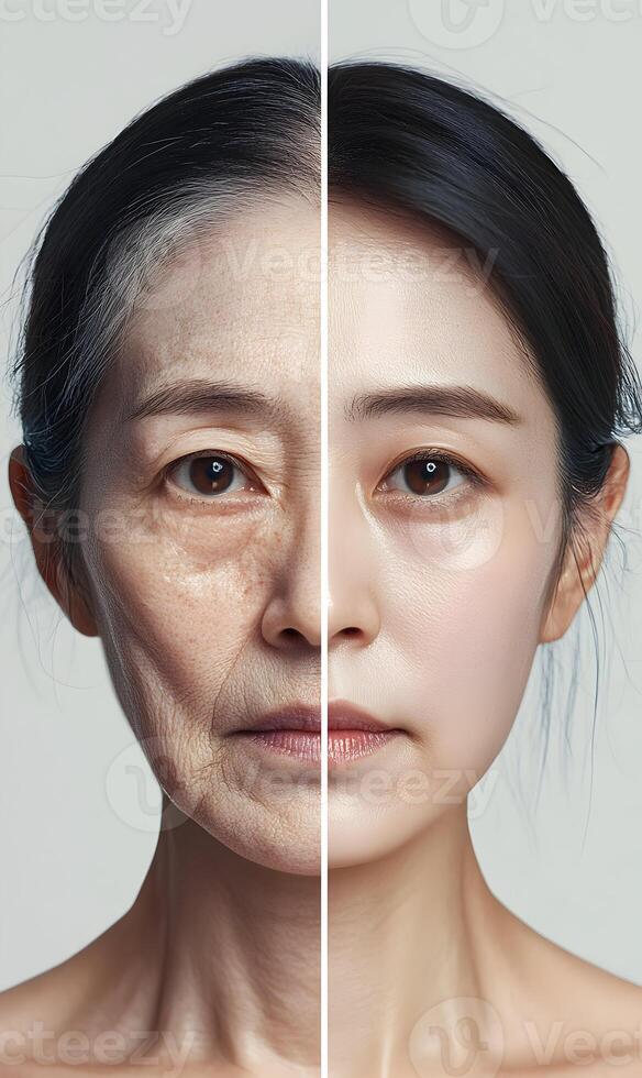 Aging process transformation portrait illustrating skincare treatment and cosmetic procedure effects photo