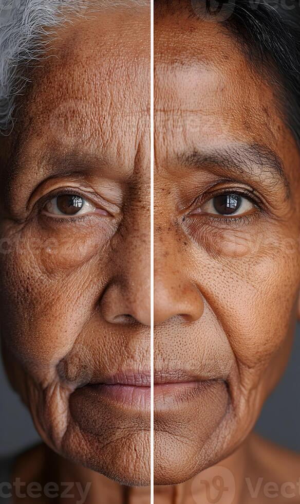 Comparative aging showcase, examining nuanced variations in skin texture and facial features photo