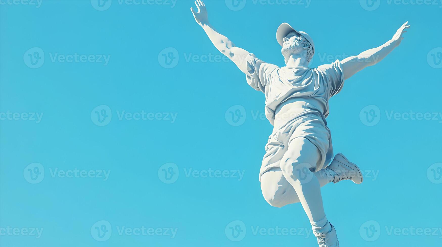 Celebratory leap statue embodying elation and success against a serene sky canvas photo