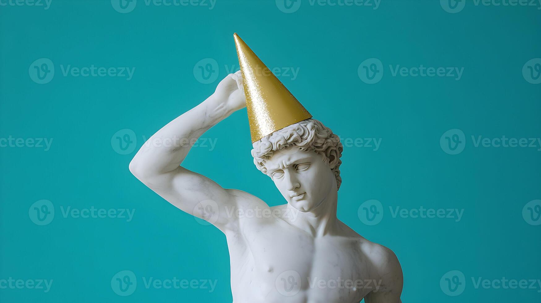 Sculptural party David with a festive golden cone hat against a vivid turquoise canvas photo