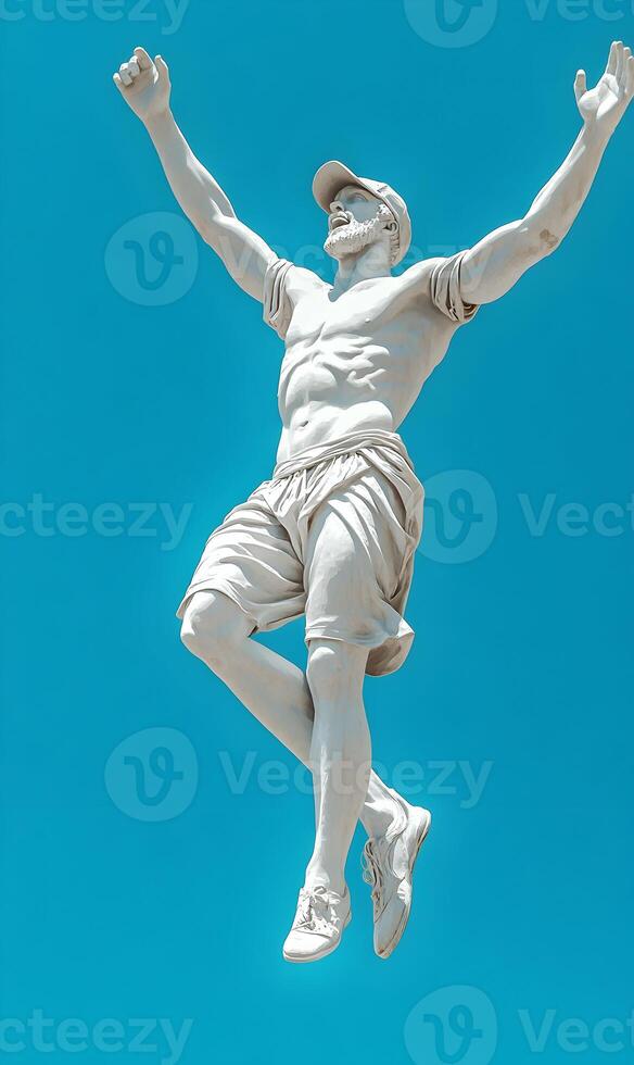 Exuberant statue of a triumphant athletic figure raising arms against a vivid blue backdrop. photo