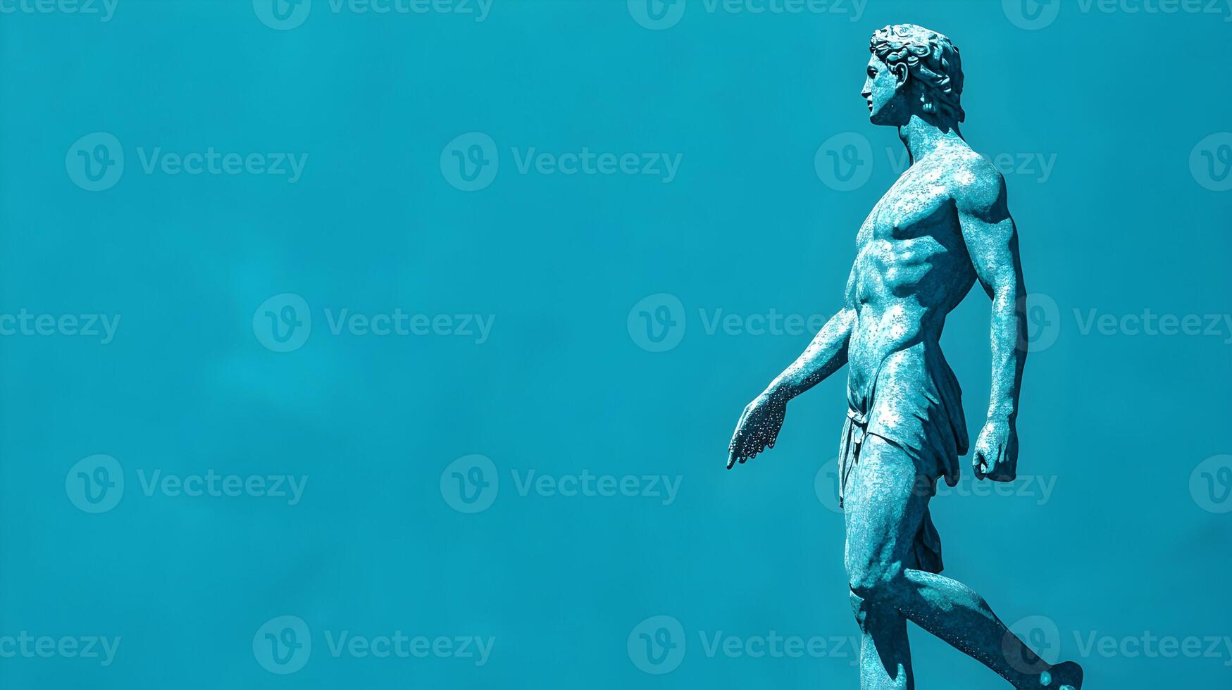 Ancient legacy a vibrant statue of a heroic figure against a deep aqua blue backdrop photo