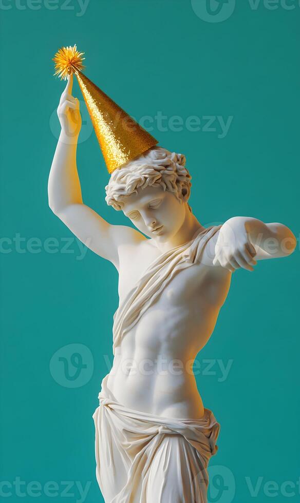Celebrating with antiquity, a classic statue dons a golden celebratory party hat gracefully. photo
