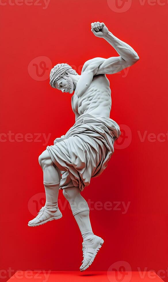 Ancient Marble Statue Modernized with Sports Shoes on Vibrant Background, Expression of Victory photo