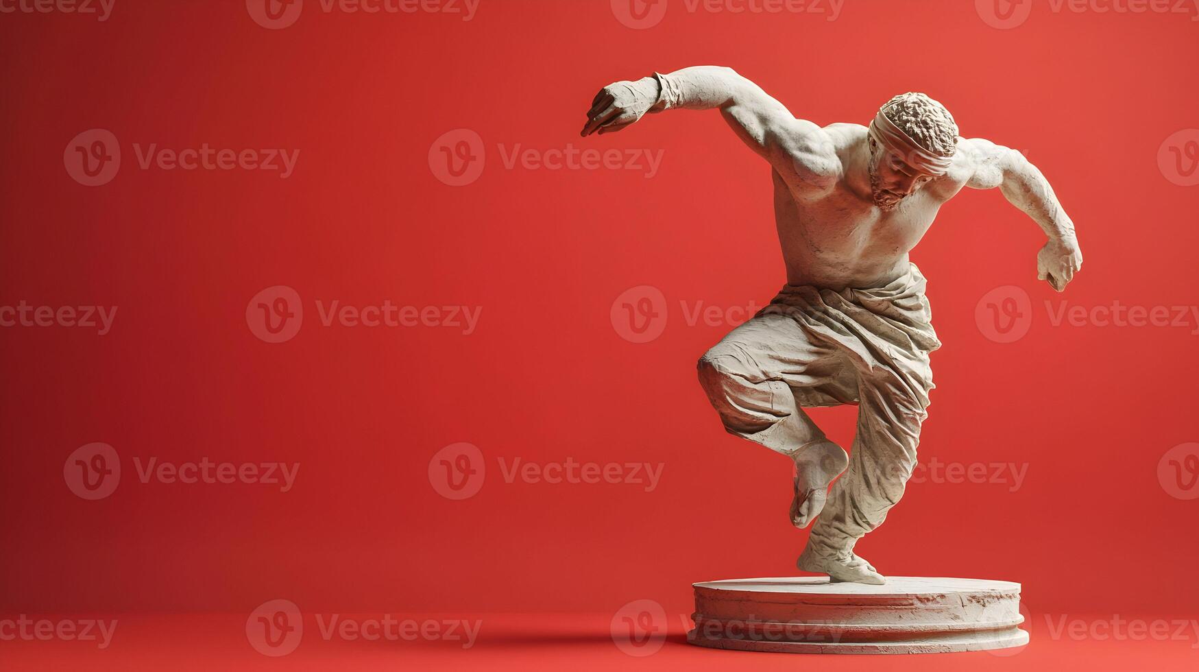 Classical sculpture of athlete in action frozen in time against warm backdrop, ready movement photo