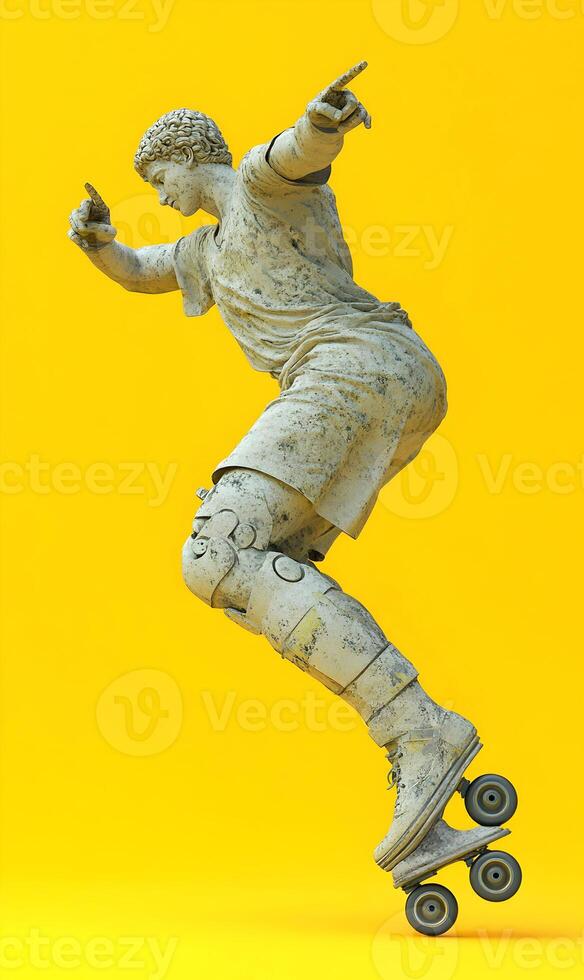 Statue rollerblading against a vibrant yellow backdrop exudes a quirky and modern aesthetic photo