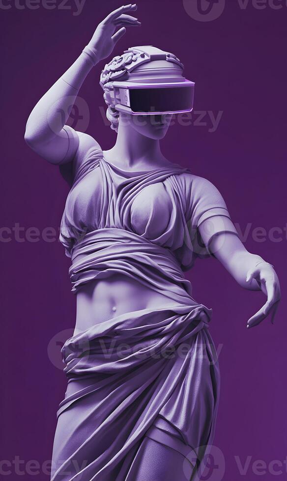 Virtual antiquity, classical statue donning vr goggles, futuristic art fusion and elegance photo