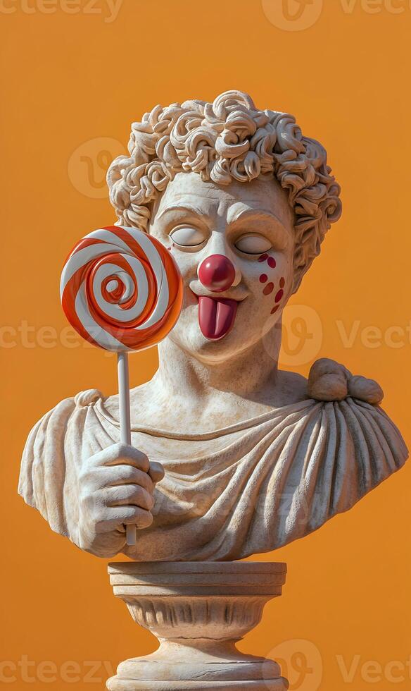 Classical Statue with Clown Makeup and Lollipop, Playful Fusion of Art and Humor photo
