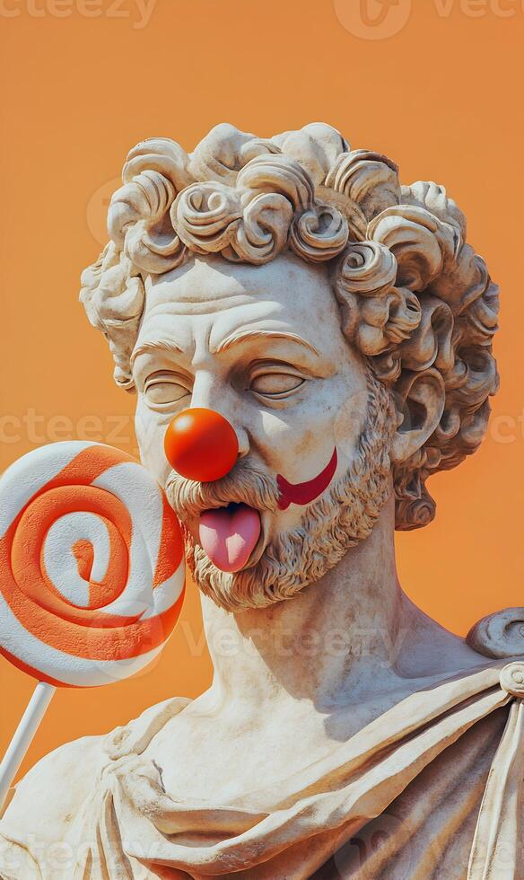 Humorous juxtaposition of classical sculpture with a clown makeup and lollipop, playful art photo
