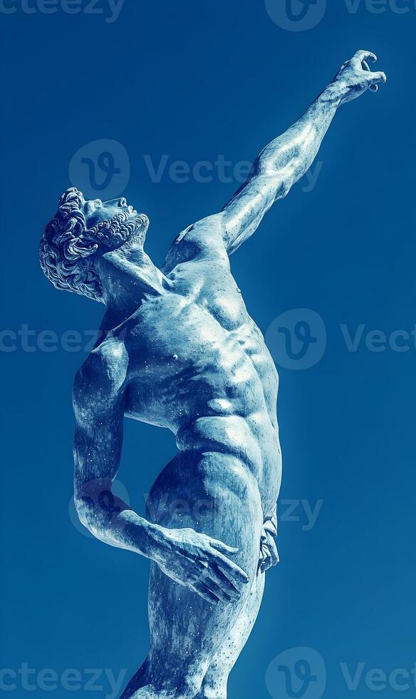 Bronze Statue Reaching Upward Against a Vibrant Sky, Depicting Human Form and Expression photo