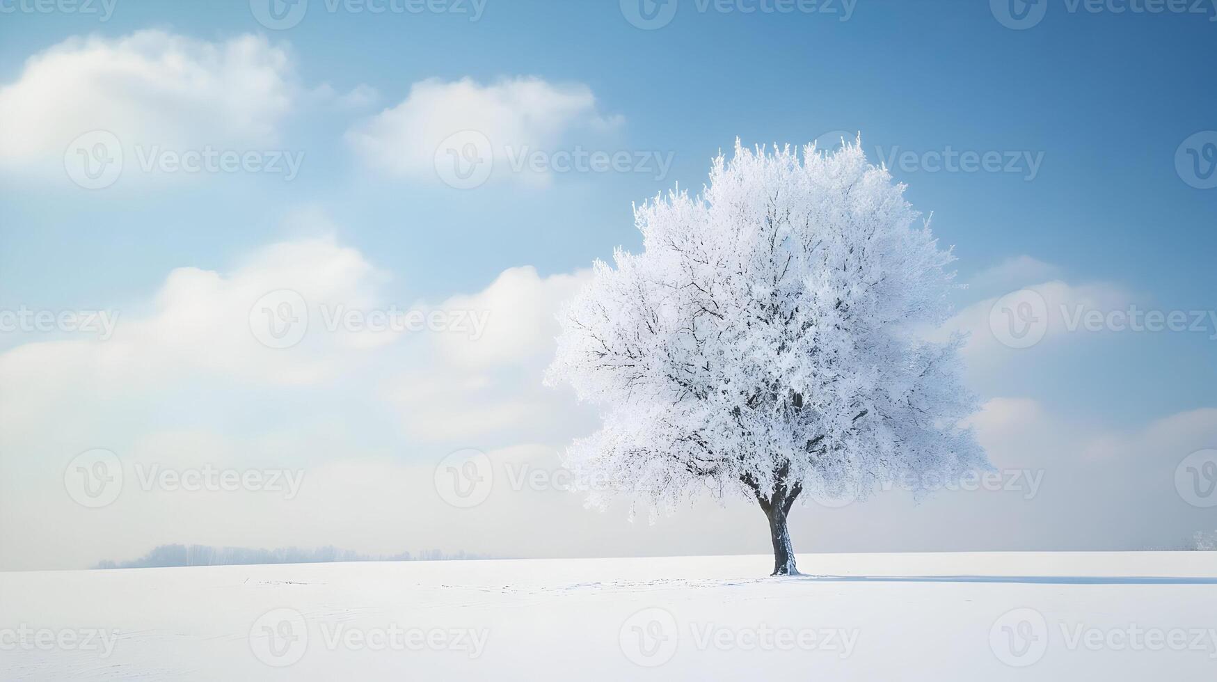 Serene winter scene of a solitary frosted tree under a pastel blue and fluffy cloud sky photo