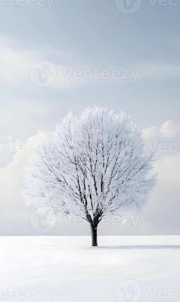 Solitary Tree in a Frozen Landscape with Minimalist Aesthetic for serene visuals photo