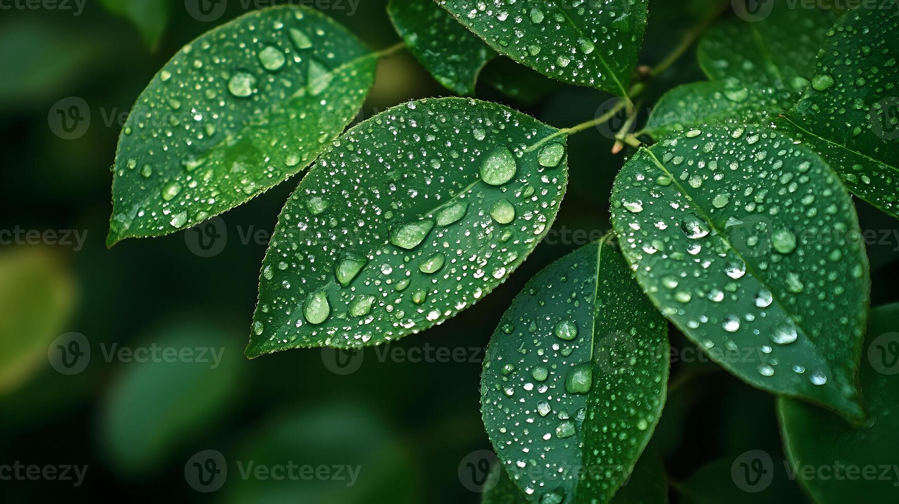 Fresh leaves adorned with rain droplets create a captivating natural background element photo