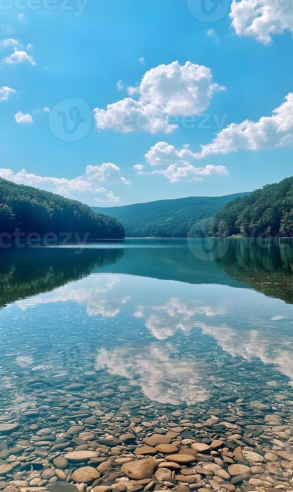 Calm Waters Reflecting the Sky at Mountain Lake with Rocks in Foreground, Serene Scene photo