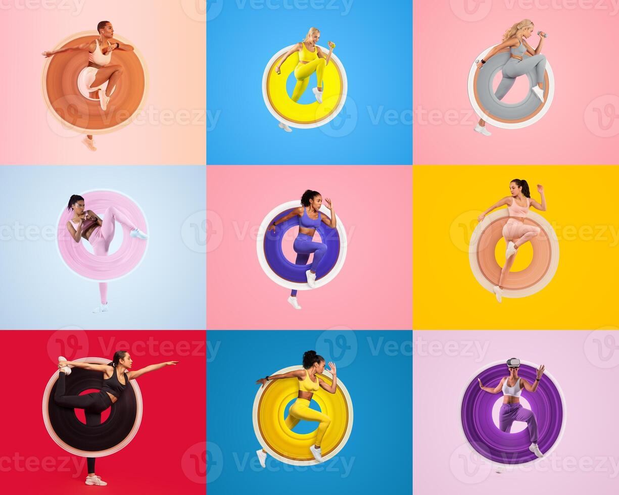 Nine athletic women perform various workouts in colorful backgrounds, highlighting fitness and healthy lifestyles. Each individual displays unique exercises, promoting active living and wellness. photo