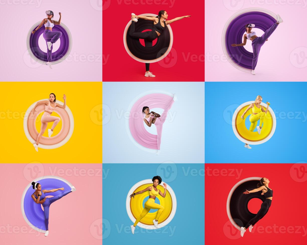 A collage features athletic individuals engaged in various fitness activities against colorful backgrounds. photo