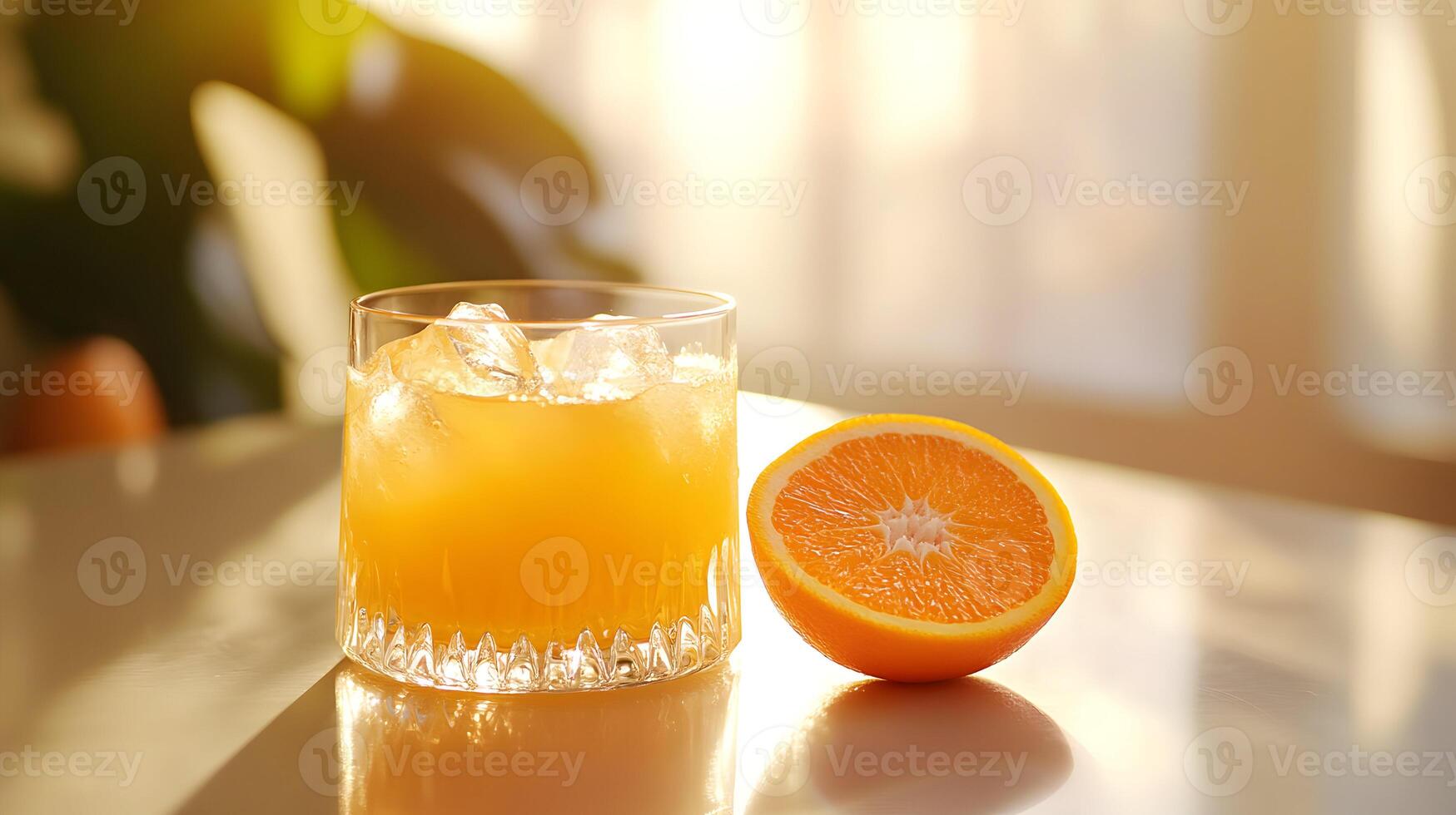 Zesty refreshment, vibrant orange drink and slice against sun-kissed background, health boost photo
