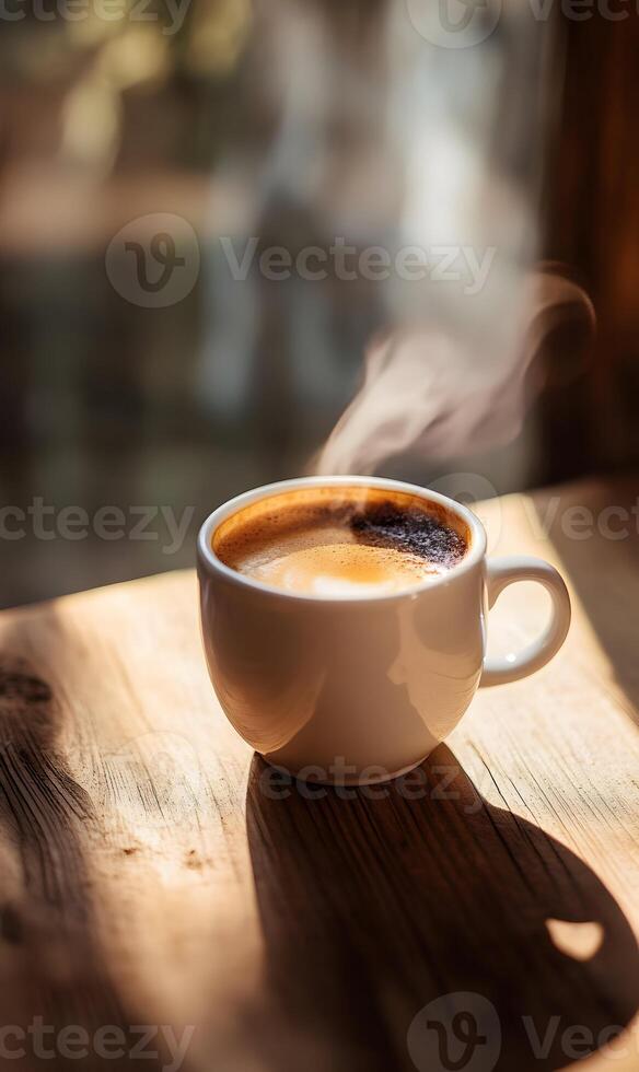 Invigorating morning ritual, a steaming mug of invigorating brew on rustic wooden surface photo